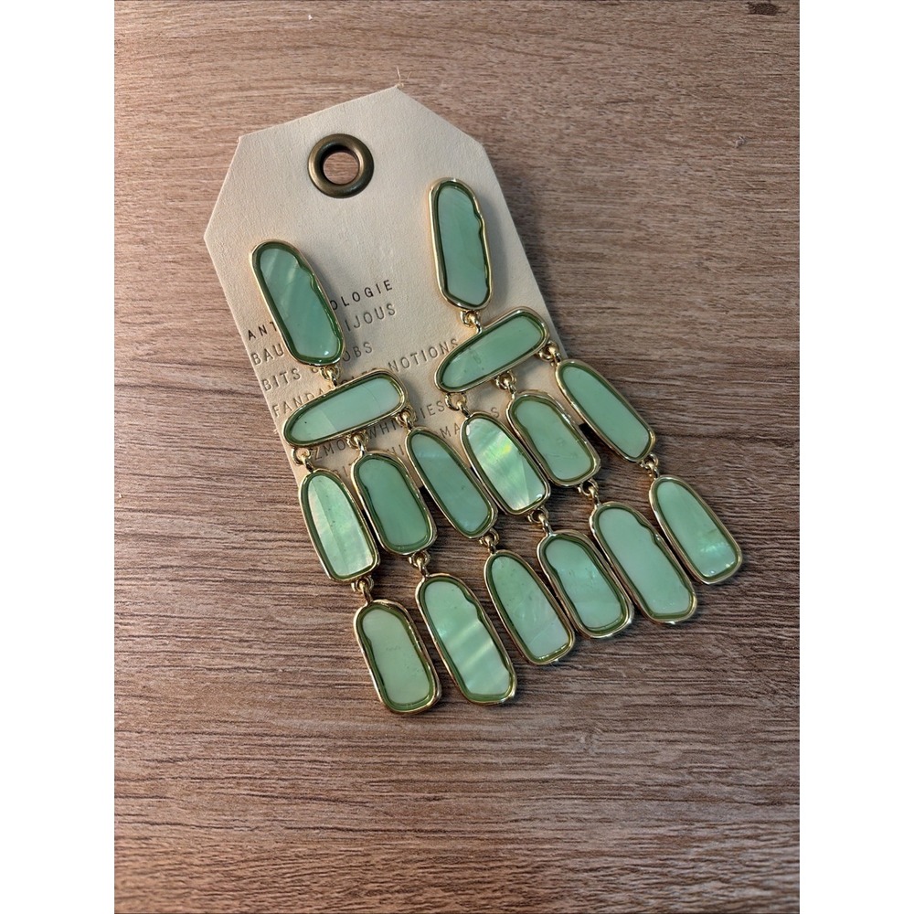 Anthropologie Green Iridescent Chandelier Earrings Gold Tone Statement Dangle